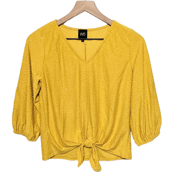 W5 Womens Textured Dot Tie Front Top Size S Mustard Yellow 3/4 Sleeve Blouse NWT - Picture 1 of 4